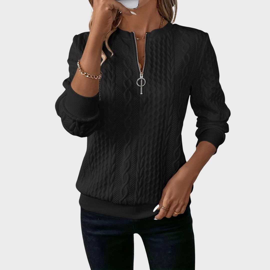 Елена - Дамски пуловер с цип и плетен модел